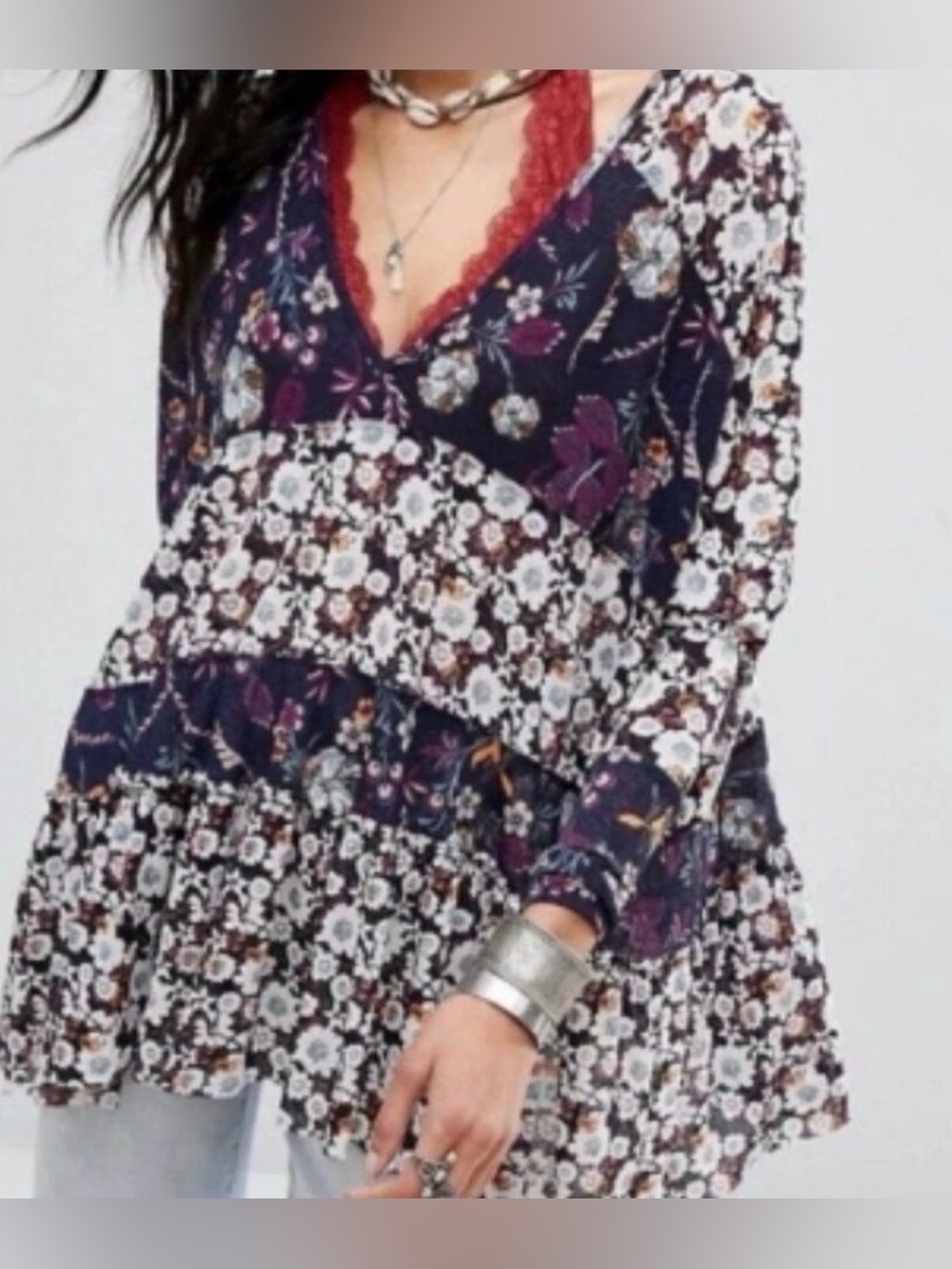 Free People Isabella Floral Tunic  Top Boho Flowy Romantic Women, Small, NWOT